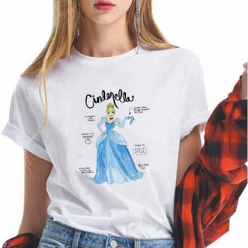 Disney Princess T Shirts Women Fashion White Dress Retro Style Tshirt Gorgeous Cartoon Cinderella Printed Youth Clothes Tshirt