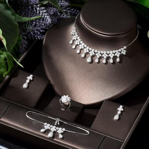 HIBRIDE 2021 Fashion Round Shape Zirconia Plant Choker Necklace Sets For Women New Trendy Wedding Jewelry Set Gift bijoux N-785