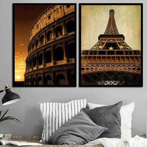 Retro Roman Arena Eiffel Tower Canvas Painting Wall Art Paintings Poster and Print Decor Picture for Living Room B5258