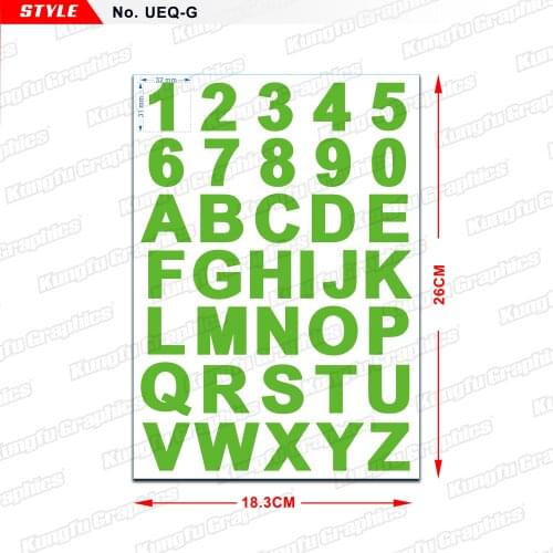 KUNGFU GRAPHICS Number Letter Sticker Sheet Alphabet Race Number Decal for Motorcycle bicycle ATV UTV Car Universal UEQ,Green
