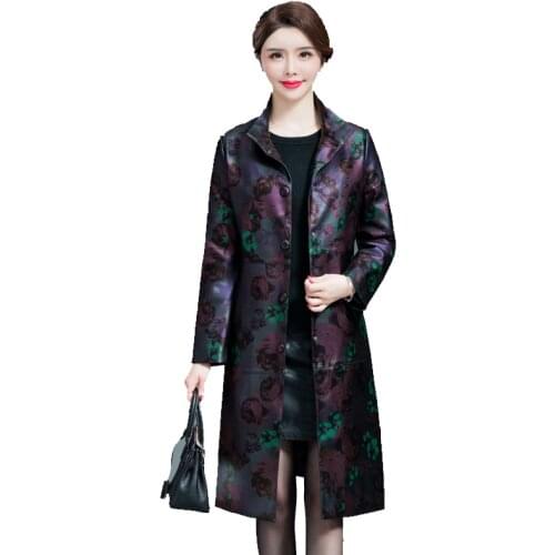 Women Elegant Flowers Print Faux Leather Jacket 6XL New Middle-aged Ladies Retro Faux Sheepskin Trench Long Coat Female Clothing