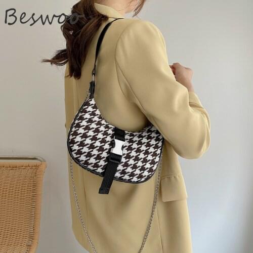 Fashion Women Shoulder Bags Plaid Pattern Woolen Cloth Retro Chain Crossbody Bag Female Hobos Bucket Bag Purses Ladies Handbags