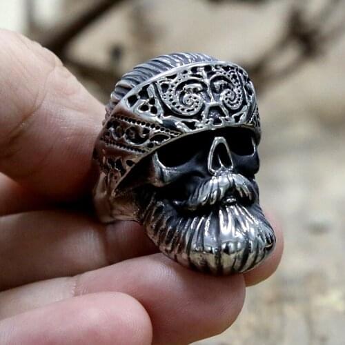 Hippie Big Beard Skull Stainless Steel Mens Rings Heavy Metal Skull Biker Ring Male Rock Punk Hip Hop Jewelry Gift Dropshipping
