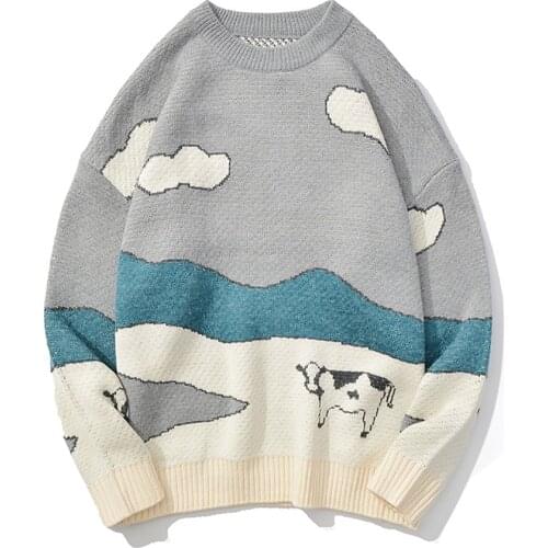 2021 Sweater Brand Mens Clothing Cows Grassland Pattern Printing Designer Sweater Winter Vintage Oversized Knit Pullover Coats