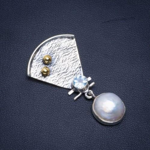 Natural Two Tones Biwa Pearl and Blue Topaz Handmade Unique 925 Sterling Silver Pendant 1.5" B3206