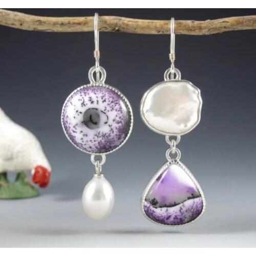 Newest Round Paint Purple Resin Stone Earrings Asymmetry Jewelry Baroque Pearl Water Drop Earrings for Women Girl