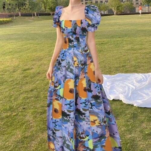 5XL ZANZEA Women Bohemian Dresses 2021 Summer Print Maxi Vestidos Casual Puff Sleeve Long Sundress Ladies A-line Robe Plus Size