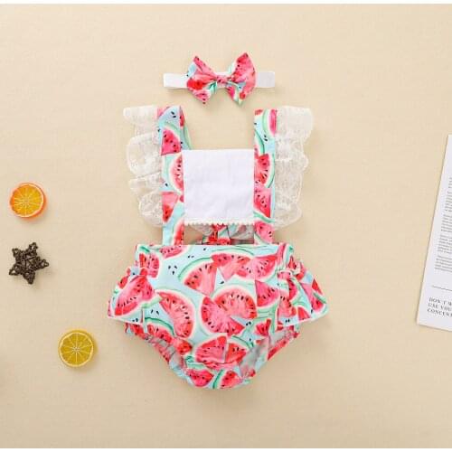0-18M Cute Newborn Baby Girl Jumpsuits Ruffles Fly Sleeve Lace Watermelon Print Romper Headband 2PCS Outfits Baby Clothes