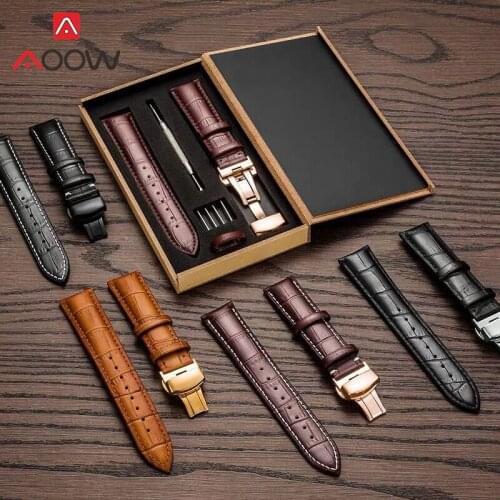 Genuine Leather Strap 18mm 20mm 22mm 24mm Stainless Steel Push Button Butterfly Buckle Men Women Replacement Bracelet Watch Band