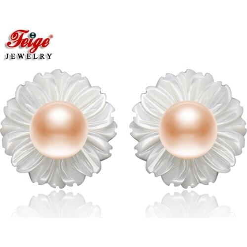 Shell Carved Flowers 3 Colors Natural Cultured Pearls 925 Sterling Silver Stud Earring for Women Fashion Jewelry Wholesale FEIGE