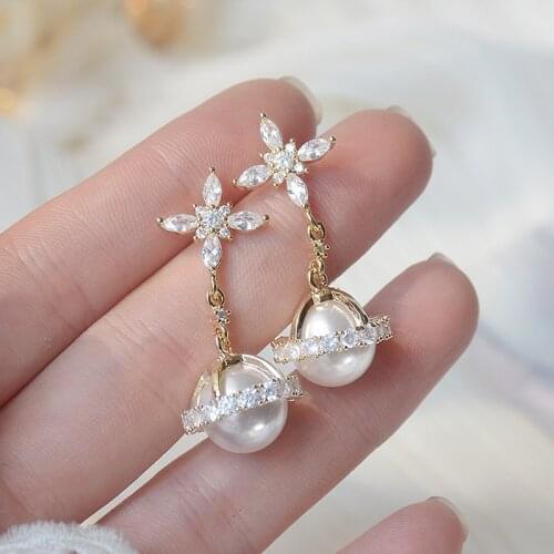 New Arrive Korean Fashion CZ Surround Pearl Earrings for Women Bling AAA Cubic Zircon Shine Stud Earring Wedding Bridal Jelwelry