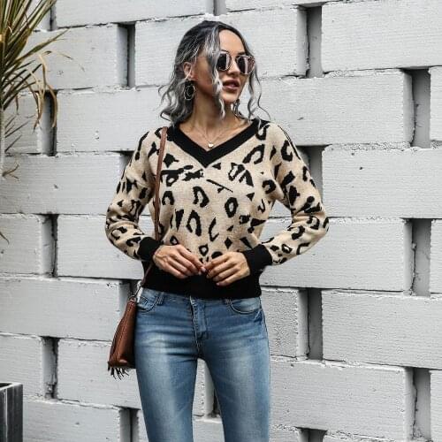Leopard Print Knitted Sweater For Women Long Sleeve Sexy V-neck Casual Pullover Top Jumper Vintage Loose Sweater Autumn 2020