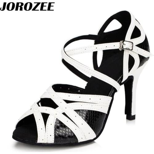JOROZEE Latin Dance Shoes Women Black White PU Square Ballroom Dancing Shoes High Heel Thin 8.5cm Soft Outsole