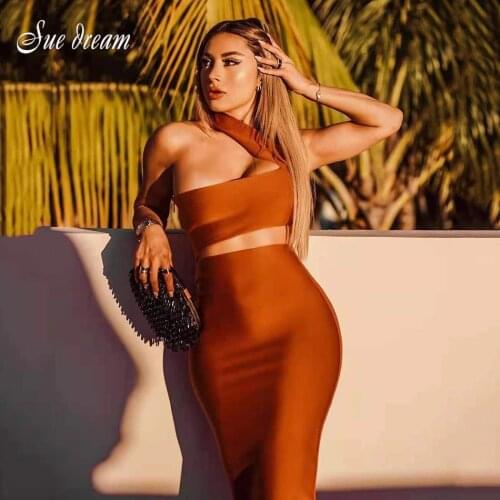 High Quality One-shoulder Womens Bandage Dress 2021 Fashionable Sexy Hollow Bodycon Celebrity Club Party Midi Dress