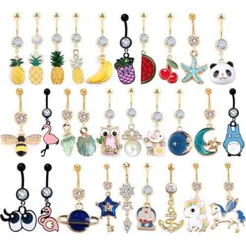 1PC Gold 14G 316L Surgical Steel Navel Piercing Bohemian Crystal Flower Dangle Navel Belly Button Ring Body Piercing Jewelry