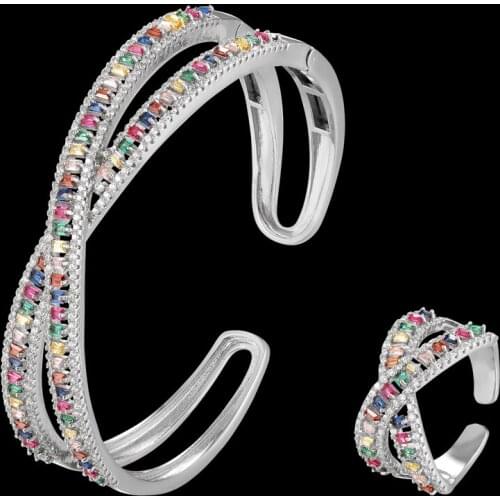 Zlxgirl jewelry fashon womens colorful cubic zircon copper bracelet & bangle ring jewelry sets fine women wedding bijoux sets