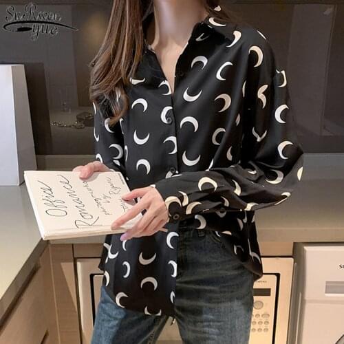 2021 New Women Print Shirts Autumn Korean Loose Fashion White Long Sleeve Shirts Turn-down Collar Womens Tops and Blouses 10428