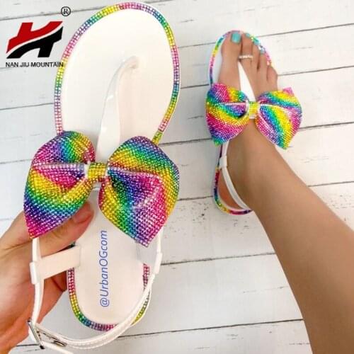 NAN JIU MOUNTAIN 2020 Womens Summer Slippers Outdoor Flat Sandals Beach Shoes Toe Rhinestone Candy Color Plus Size 37-41