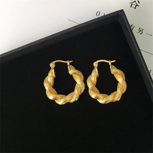 AOMU 2021 New French Retro Metal Gold Color Twist Thread Hoop Earrings Ear Buckle for Female Fashion Simple Jewelry Gifts