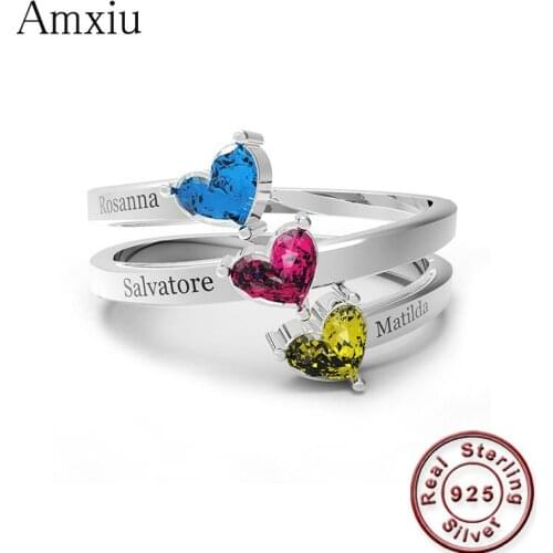 Amxiu Custom Three Names with Birthstones Ring 925 Sterling Silver Rings For Lovers Fashion Jewelry Ring For Women Accessories