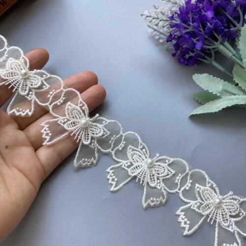 2 Yard Ivory Lace Trim Ribbon Mesh Pearl Vivid Lovely Double Layer Bowknot Embroidered Patches Applique Fabric Wedding Supplies