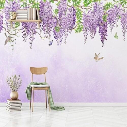 Milofi custom 3D wallpaper mural purple flowers birds and butterflies background wall for living room bedroom decoration wallpap