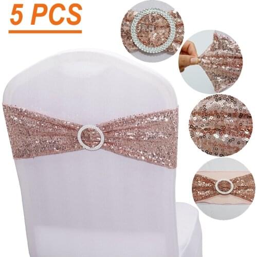 Bow Knot Chair Covers Straps Belt Sashes Banquet Venue Decor Satin Sequin Bling for Wedding Party Mariage Decoration 5PCS