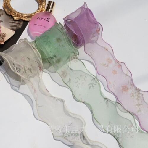 5yards 55mm Floral Printed Wavy Organza Ribbon for DIY Hairwear Bowknot Craft Gift Wrapping Home Festival Decoration