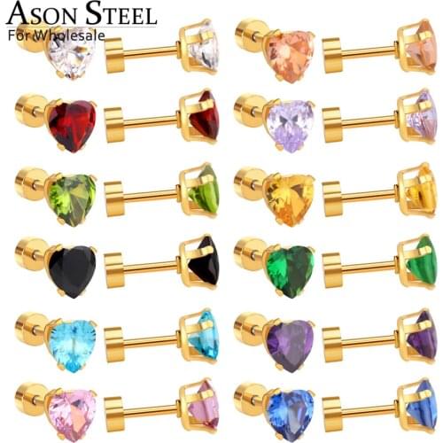 ASONSTEEL Fashion Love Heart 6MM Earrings Pendientes Mujer 12pairs/lot Colorful Crystal Screw Back Earrings Wholesale Party Gift