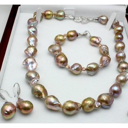 Free Shipping Set of 13-18 mm nature baroque pearl necklace 18inch bracelet 7.5-8 inch earring