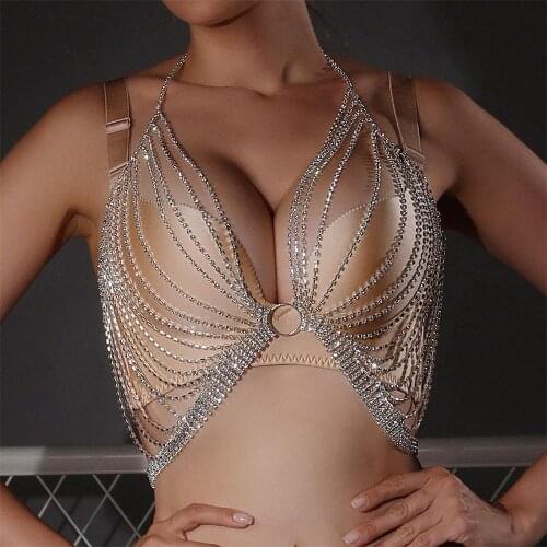 Shiny Multilayer Rhinestone Sexy Womens Sling Bra Body Jewelry Beach Bikini Fashion Crystal Breast Chain Body Chain Accessories