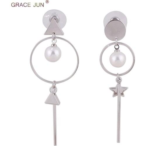 Grace Jun New Big Circle Triangle Star Geometric Shape Drop Earrings for Women Wedding Luxury Silver Color Earrings