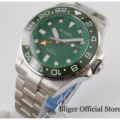 BLIGER Brand New GMT 43mm Men Watch Automatic Movement Rotating Bezel Sapphire Glass Brushed Band