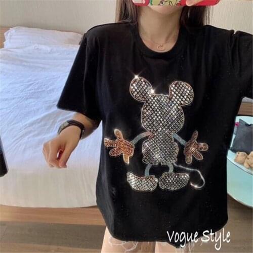Disney Mickey Minnie Mouse Diamond T-shirt Cartoon Print O-neck Harajuku Clothing Short Sleeve White Tops Tee Shirt Loose Femme