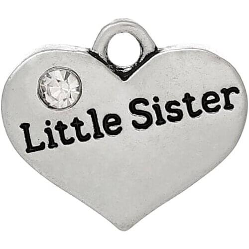 DoreenBeads Charm Pendants Heart Family Silver Color "Little Sister"Carved Clear Rhinestone 17mm x 15mm(5/8" x 5/8"),20PCs