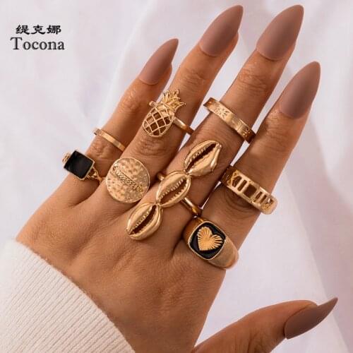 Tocona 8pcs/sets Boho Shell Pineapple Ring Sets for Women Trendy Heart Hollow Geometric Black Dripping Oil Jewelry 16546