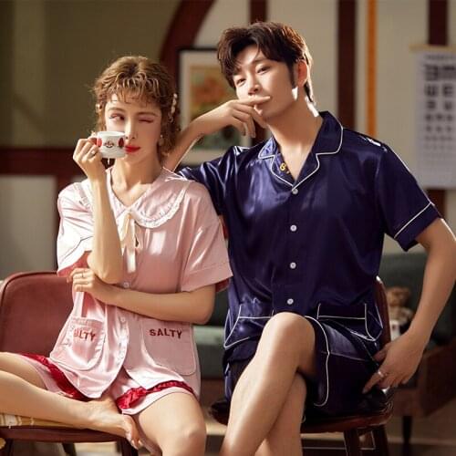 Summer Ice Silk Pajamas Women Thin Short Sleeve Lovers Leisurewear Suit Cute Lovely Sleepwear Set