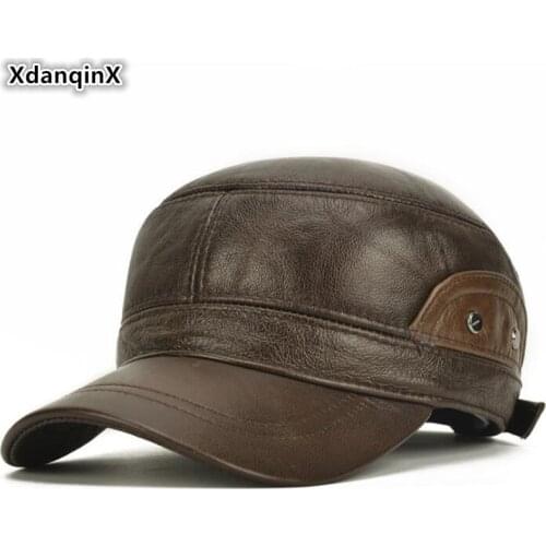 XdanqinX Men Cowhide Leather Cap Army Military Hats Genuine Leather Hat Mens Fashion Brands Cap Adjustable Size Men Flat Cap
