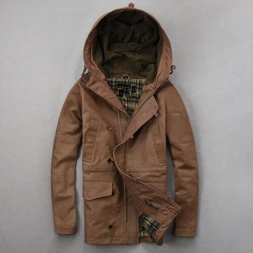 Top Quality Men Natural Cowhide Leather Long Jacket Vintage Hoody Genuine Leather Coat Slim Fit Motorcycle Windproof Jackets 3XL