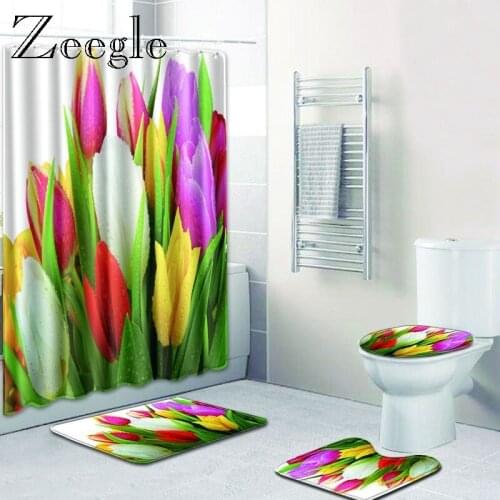 Zeegle Flower Pattern Bath Mat Set Waterproof Shower Curtain Washable Bath Rug Pedestal Rug Anti-slip Mat Bathroom Accessories