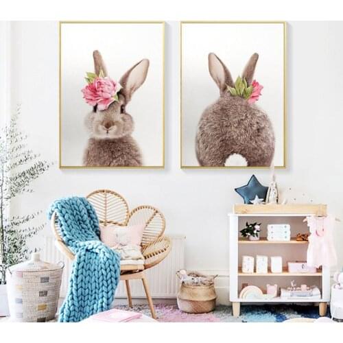Flower Bunny Poster Rabbit Nursery Wall Art Canvas Painting Animals Print Posters Nordic Wall Pictures for Baby Room Decor