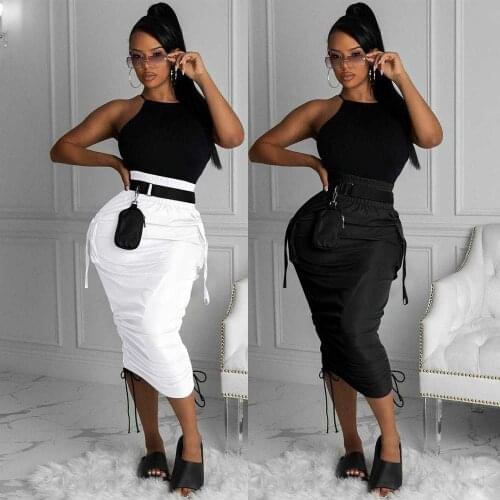 New 2021 Women High Waist Pocket Side String Draped Bodycon Midi Skirts for Streetwear Black White Skirt Plus Size