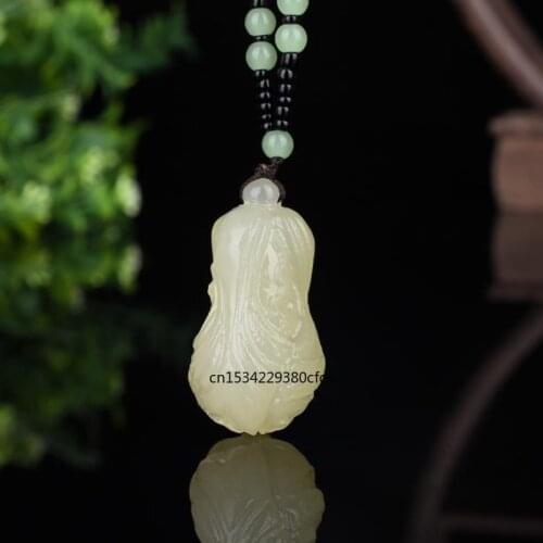 White Jade Chinese Cabbage Pendant Necklace Double Sided Carved Charm Jadeite Jewelry Fashion Amulet Lucks Gifts Men Women