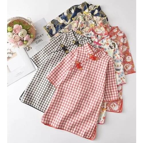 Baby Girls Dress Spring Summer Half Sleeve Cartoon Floral Print Dresses for Girls Cheongsam Chinese Style Dress Children Clothes