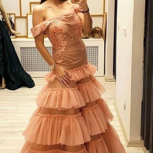 Mermaid prom dresses off the shoulder pleats lace appliques mermaid tiered champagne long evening dresses gowns