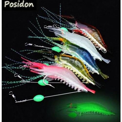 Posidon 5pcs/bag 9cm 5.2g Luminous Simulation Prawn Soft Shrimp Shaped Worn Fake lure Hook Isca Fishing Lure Artificial Bait