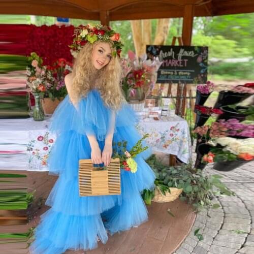 Simple Fashion Women Dress Blue Tulle Dresses Elegant Layered Ruffles Dresses Strapless Sexy Tulle Floor Length Dresses