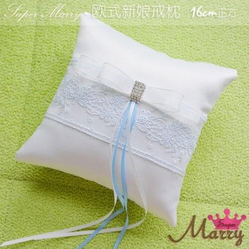 Light blue & white bowknot Wedding Ring Pillow Lace Embroidered Decor Pillow Cushion Party Wedding Decoration 16X16cm