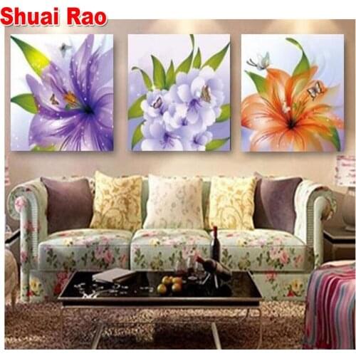 Triptych diamond painting full square round drill 3 Pieces lily flower pattern needlwork mosaic art embroidery handmade gift