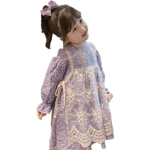 Girl Formal Dresses Long Sleeve Light Purple Flowers Cotton Dress and Lace Apron Overall Birthday Party Wedding Cosplay Clothes